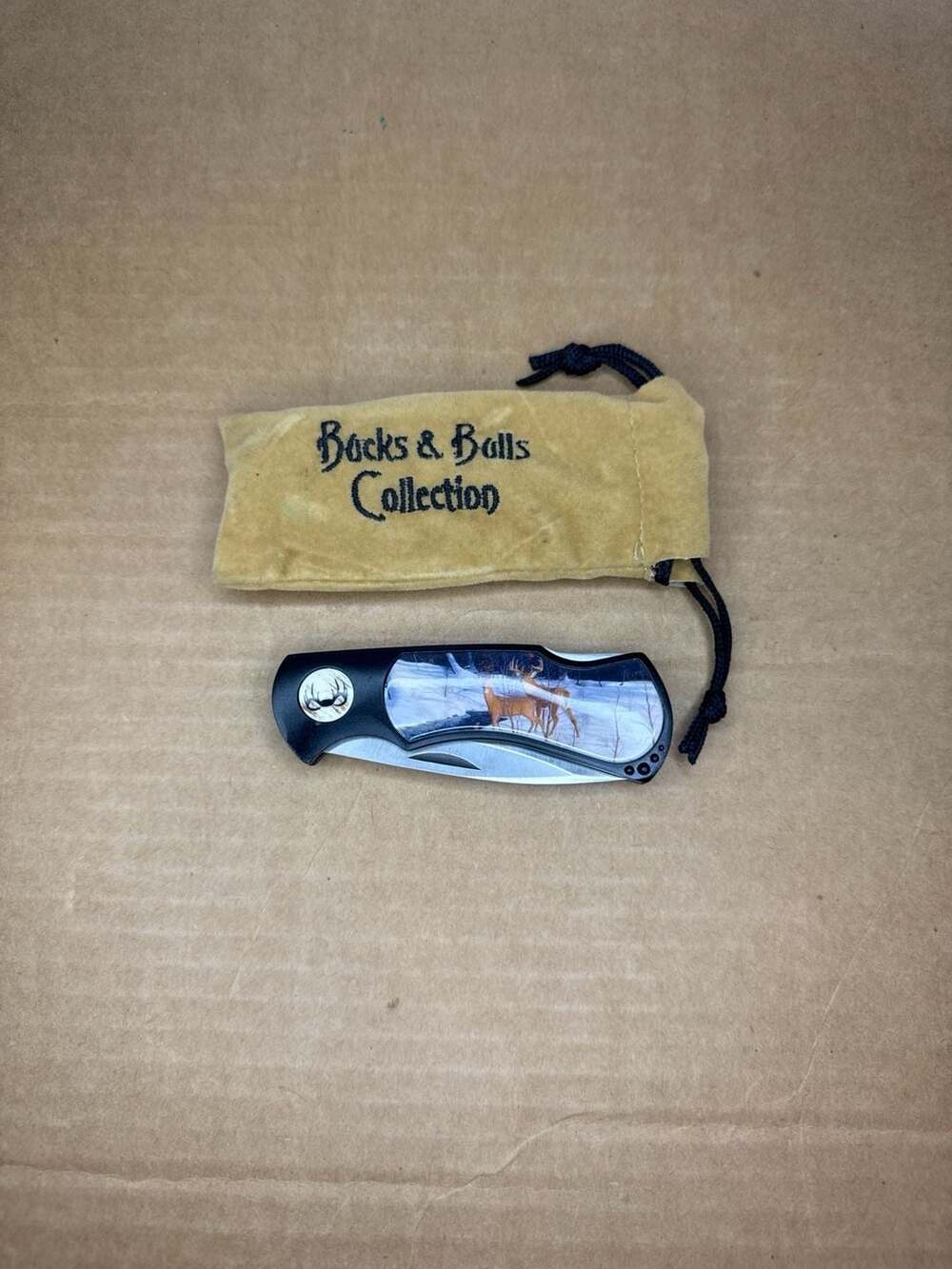 Bucks & Bulls Collection Folding Pocket Knife with Deer Scene and Storage Pouch
